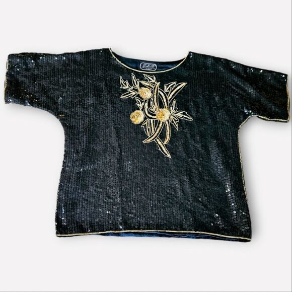 Vintage J.L.B. Joseph Le Bon '70s Sequin Silk Floral Short Sleeve Top Blouse M - Picture 1 of 5